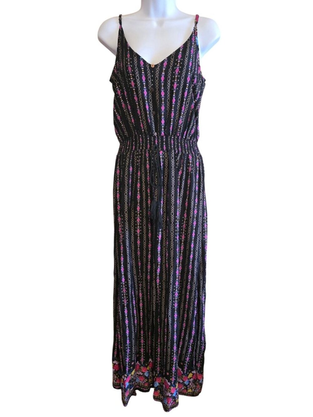Floral Maxi Dress With Geometric Stripes & Adjustable Straps aztec colors boho